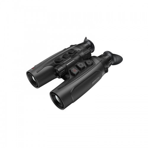 Schwarzes Hikmicro Habrok 4K HE25L Fernglas mit 5,5-22x Vergrößerung, ergonomisches Design und Bedienelemente oben.