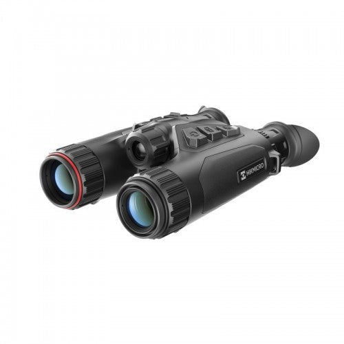 Schwarzes binocular mit zwei großen Objektivlinsen, rotem Fokusring links, Einstellrädern und Hikmicro-Logo auf der Seite,.
