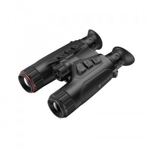 Schwarzes Hikmicro Binokular Habrok HQ35LN mit ergonomischem Design, gummierter Oberfläche und roten Akzenten am Objektivrand.