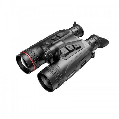 Schwarzes Hikmicro Habrok Pro HQ50LN Fernglas mit thermo-optischer Jagd-Technologie, zwei Okularen und Bedientasten auf dem.