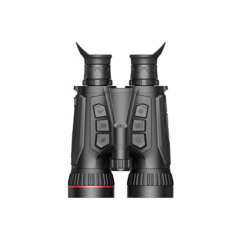 Schwarzes Thermal-Fernglas Hikmicro Habrok Pro HX60L mit zwei Okularen, ergonomischen Griffen, sechs Bedienknöpfen mittig.