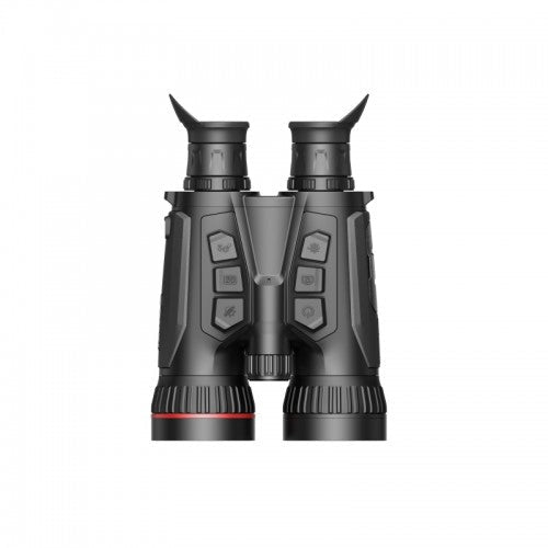 Schwarzes Hikmicro Habrok Pro HX60LS Fernglas mit zwei Okularen, seitlichen Bedientasten und rotem Akzent am rechten.
