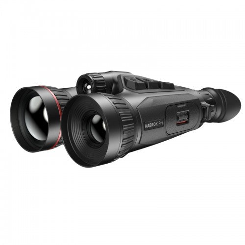 Schwarzes Hikmicro Habrok Pro HX60LS Wärmebildfernglas mit roten Akzenten und zwei großen Objektiven, seitlicher Steuerknopf .