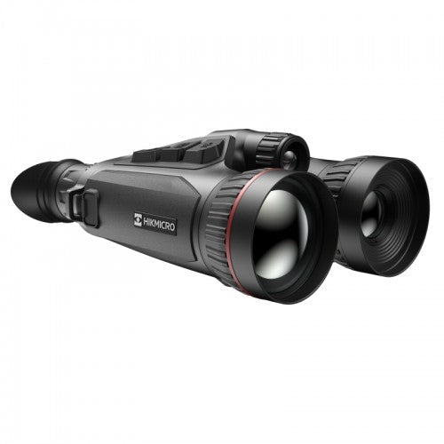 Schwarzes Hikmicro Habrok Pro HX60LS Fernglas mit großem Frontobjektiv, ergonomischem Design und roten Akzenten am.