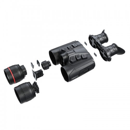Schwarzes Hikmicro Habrok Pro HX60LS Nachtsicht-Fernglas mit robustem Gehäuse, zwei abnehmbaren Objektivlinsen mit roten.