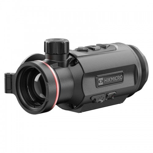 Schwarzes Hikmicro Clip-On Thermal-Visier Thunder TQ35C mit rotem Akzentring und Bedientasten oben.