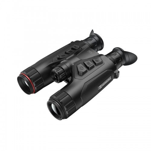 Schwarzes Hikmicro Habrok 4K HQ35L Nachtsicht-Fernglas mit griffiger Oberfläche, Tastensteuerung und roten Akzenten am.