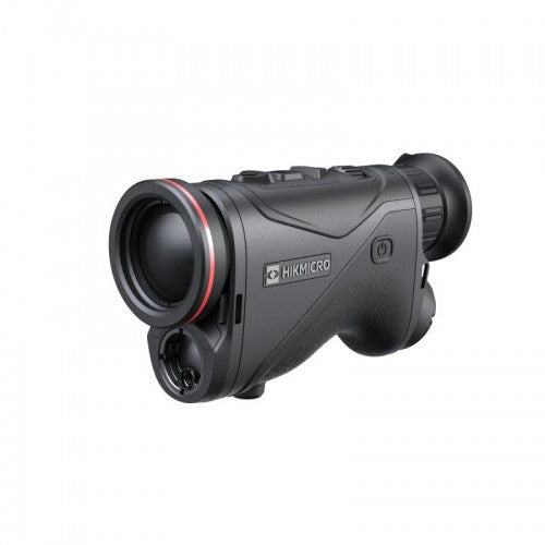Schwarzes Hikmicro Condor CQ35L 2.0 Monokular mit ergonomischem Griff, rotem Akzentring am Objektiv und mehreren Knöpfen auf .