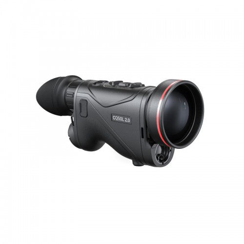 Schwarzes Hikmicro Monokular Condor CQ50L 2.0 mit rotem Ring und ergonomischem Design, seitliche Bedientasten, gummierter.