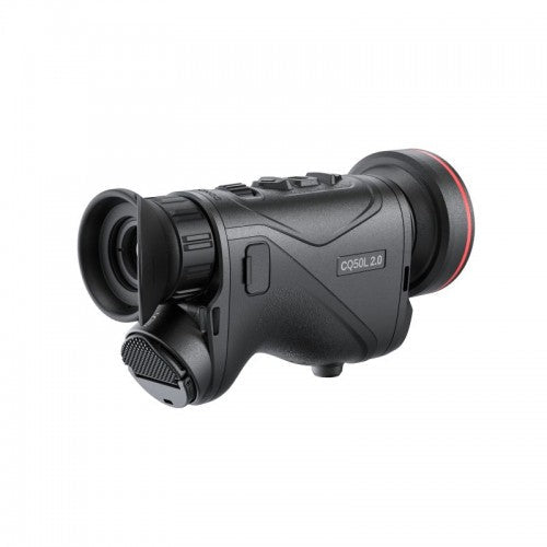 Schwarzes Hikmicro Condor CQ50L 2.0 Wärmebild-Monokular mit ergonomischem, griffigem Gehäuse und roten Akzenten am Okular,.
