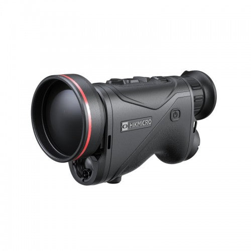 Schwarzes Hikmicro Monokular Condor CQ50L mit rotem Akzent am Objektiv, ergonomischem Griff und mehreren Bedientasten auf.