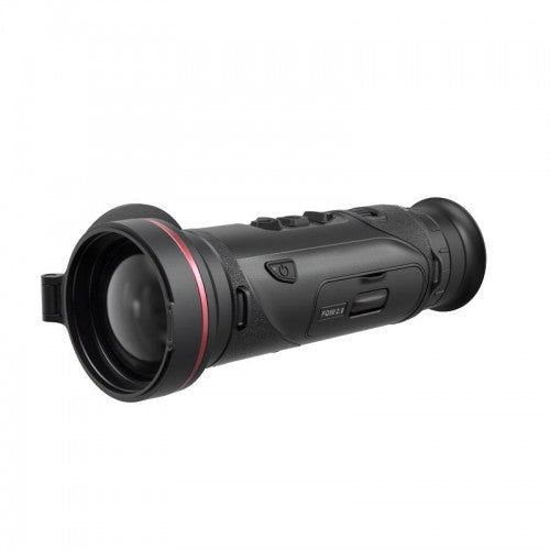 Schwarzes Hikmicro Monokular Falcon FQ50 mit rotem Akzent am Objektiv, ergonomischem Gehäuse und mehreren Bedientasten oben.
