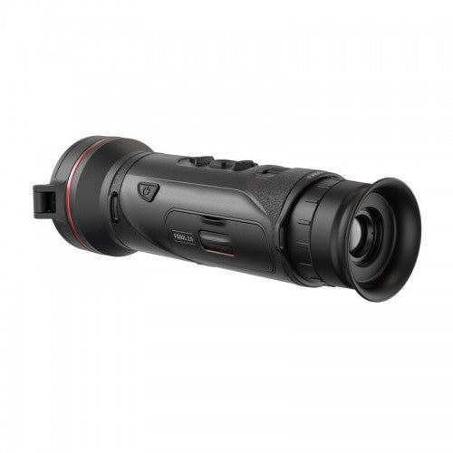 Schwarzes Hikmicro Monokular Falcon FQ50L mit ergonomischem, griffigem Gehäuse, rotem Ring am Okular und mehreren.