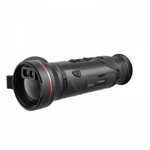 Schwarzes Hikmicro Monokular Falcon FQ50L 2.0 mit rotem Ring am Objektiv und mehreren Bedientasten auf der Oberseite,.
