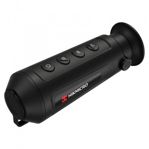 Schwarzes Hikmicro Monokular Lynx LC06S mit gummierter Oberfläche, vier Bedientasten oben, seitlichem Einstellrad und rotem.