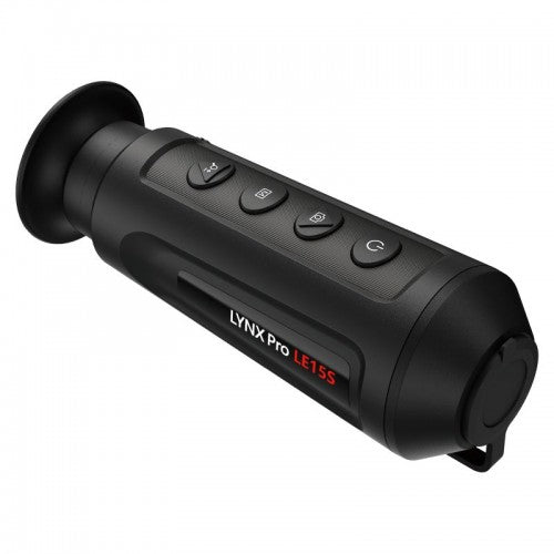 Schwarzes Hikmicro Monokular Lynx LE15S mit geriffeltem Griff, vier seitlichen Bedienknöpfen und roter Modellbezeichnung auf .