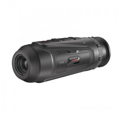 Schwarzes Hikmicro Lynx LH15 3.0 Monokular mit rutschfester Struktur, Einstellungsknöpfen oben und Okular mit Fokusring auf.