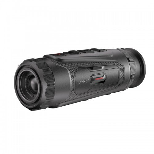 Schwarzes Hikmicro Monokular Lynx LH19 3.0 mit griffiger Oberfläche, runden Bedientasten und Objektiv vorne links sichtbar.