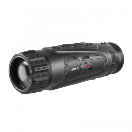 Schwarzes Hikmicro Monokular Lynx LH35 3.0 mit griffiger Oberfläche, Tasten oben und rotem Detail am Gehäuse.