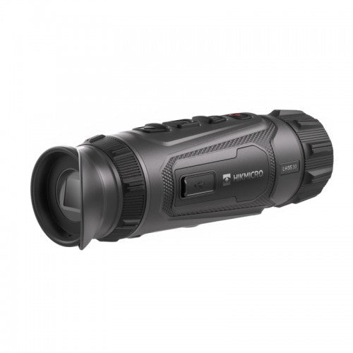 Schwarzes Hikmicro Lynx LH35 Monokular mit griffiger Struktur, Okularblende und mehreren Bedientasten auf der Oberseite,.