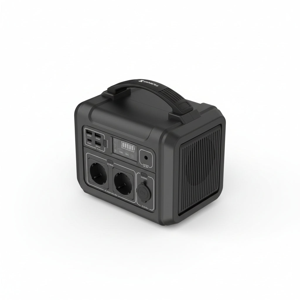 Kompakte schwarze Hikmicro Power Station G300 mit Tragegriff, mehreren Steckdosen und Lüftergitter an der Seite.