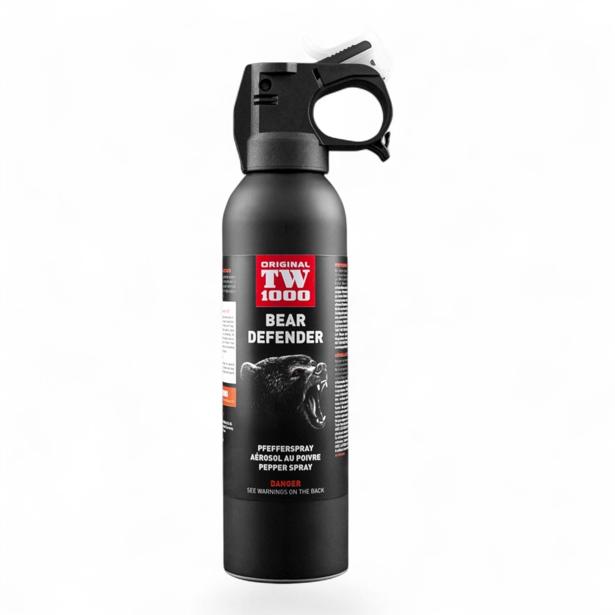 Schwarze Spraydose TW1000 Bear Defender mit rotem und weißem Branding, ergonomischem Auslöser und Sicherheitsbügel.