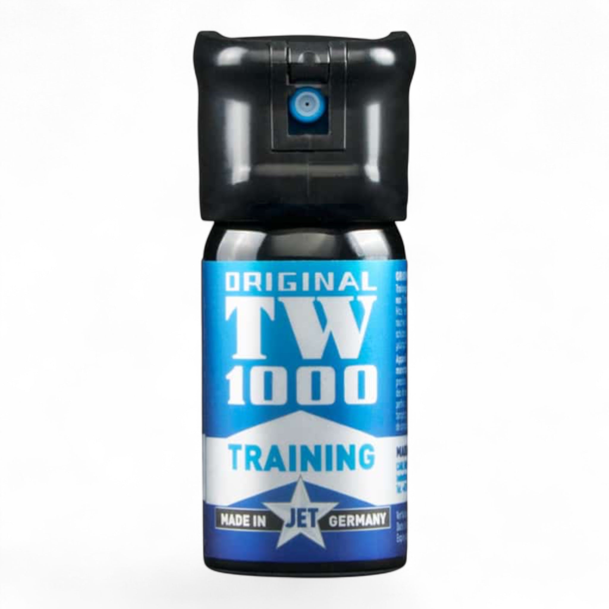 Schwarze Spraydose mit blauer Etikette, Aufschrift "TW 1000 Training", Schutzkappe mit Sprühdüse, kompakte Größe, Made in.
