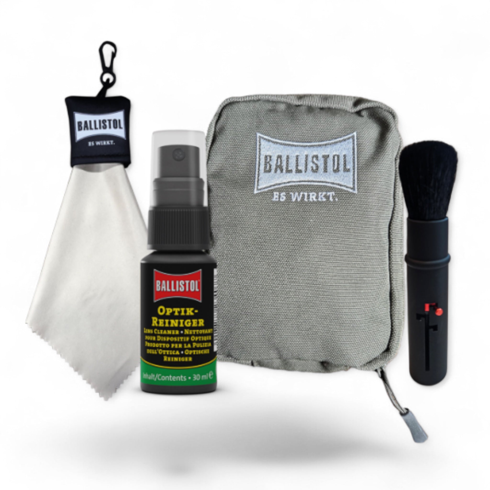 Ballistol Optik-Reiniger-Set mit grauer Tasche, grün-schwarzer Sprühflasche, schwarzem Pinsel und weißem Reinigungstuch mit.