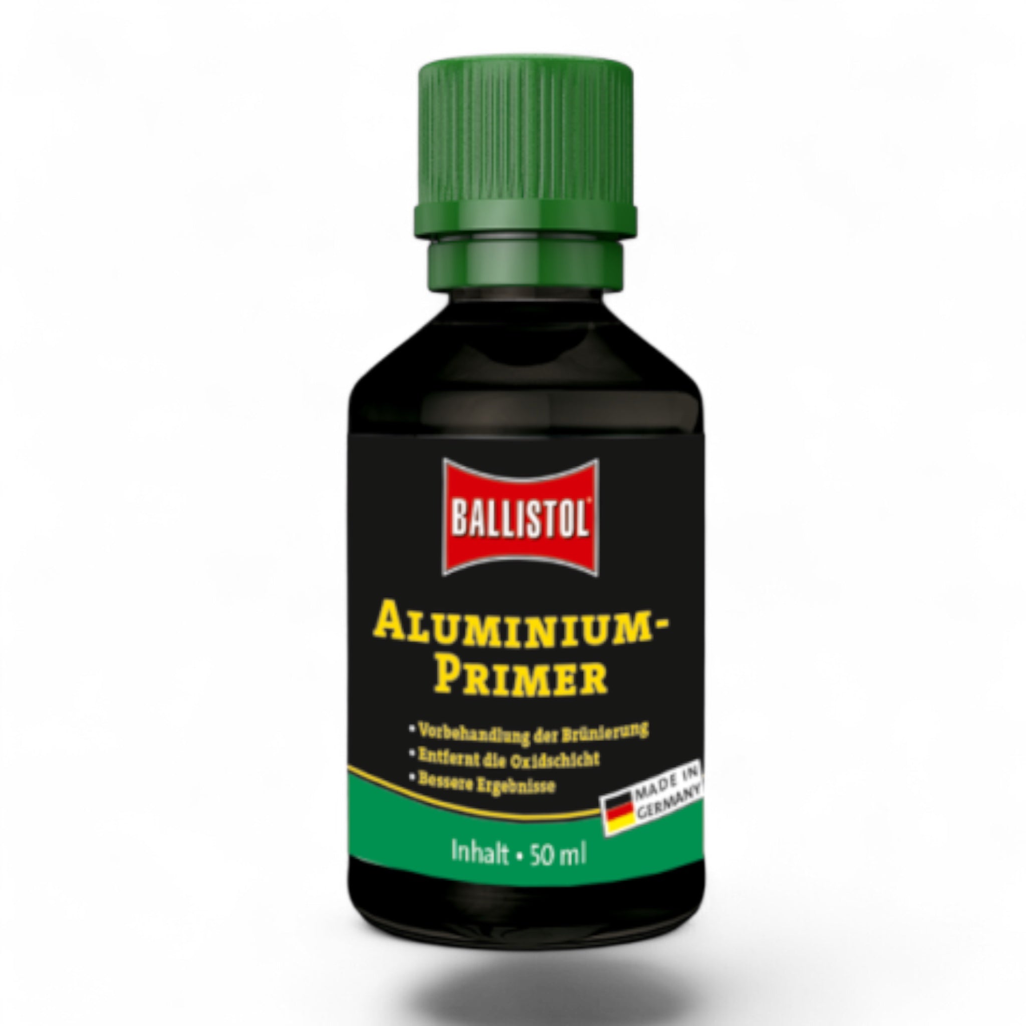 Schwarze 50-ml-Flasche Ballistol Aluminium-Primer mit grünem Schraubverschluss und gelbem Etikett.