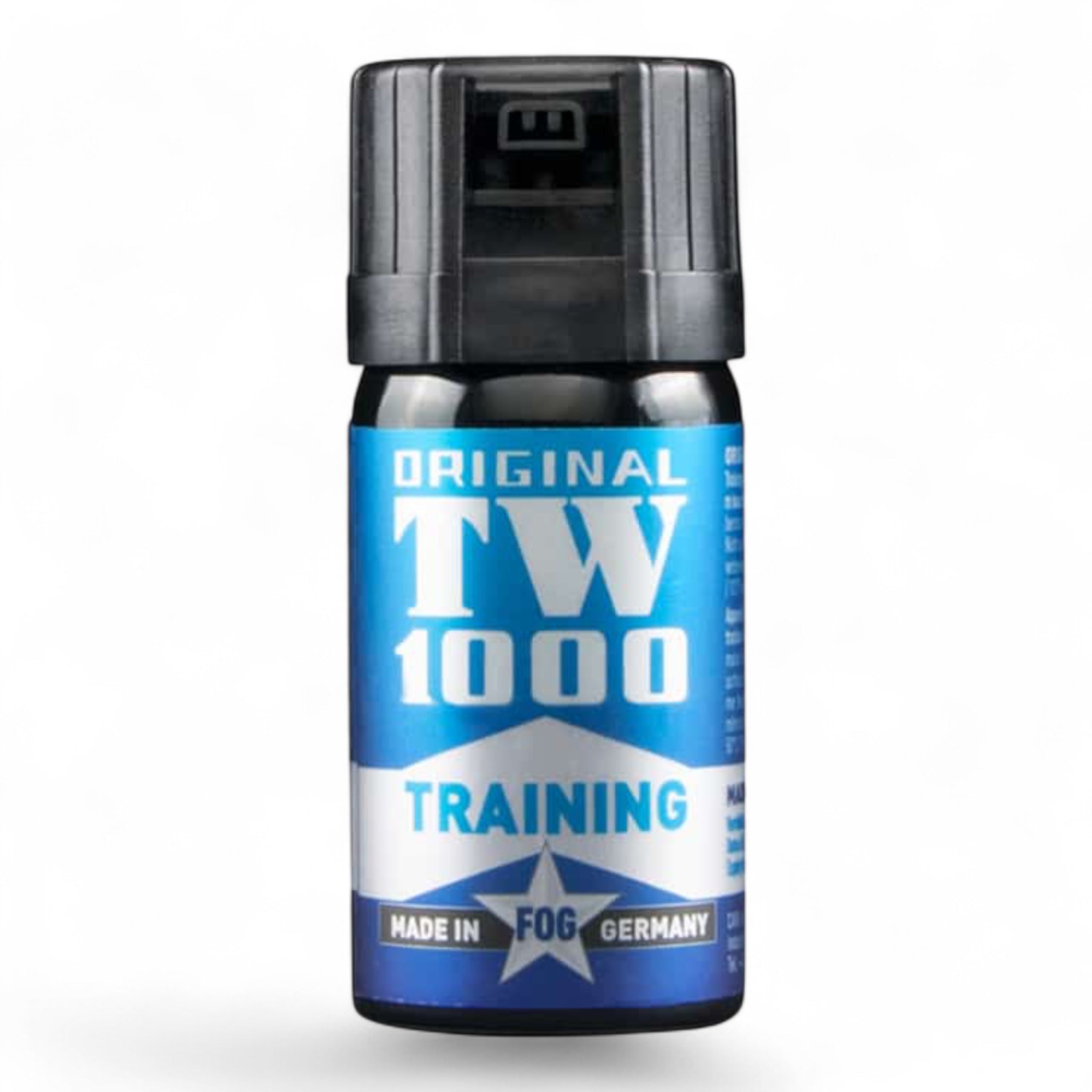 Kleiner schwarzer Trainingsspray-Dose mit blauem Etikett, weißer und hellblauer Schrift, Aufschrift TW 1000 Training, Made.