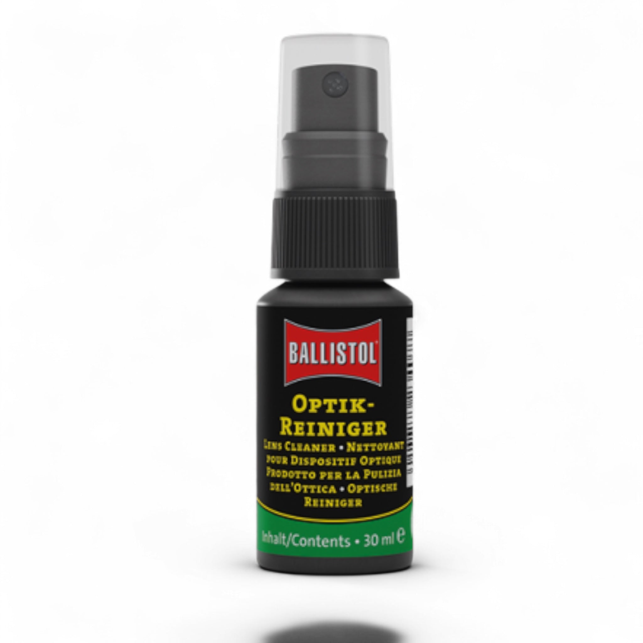 Kleiner schwarzer Pumpsprüher mit rotem Ballistol-Logo und gelbem Schriftzug Optik-Reiniger, 30 ml Inhalt, grüne Details am.