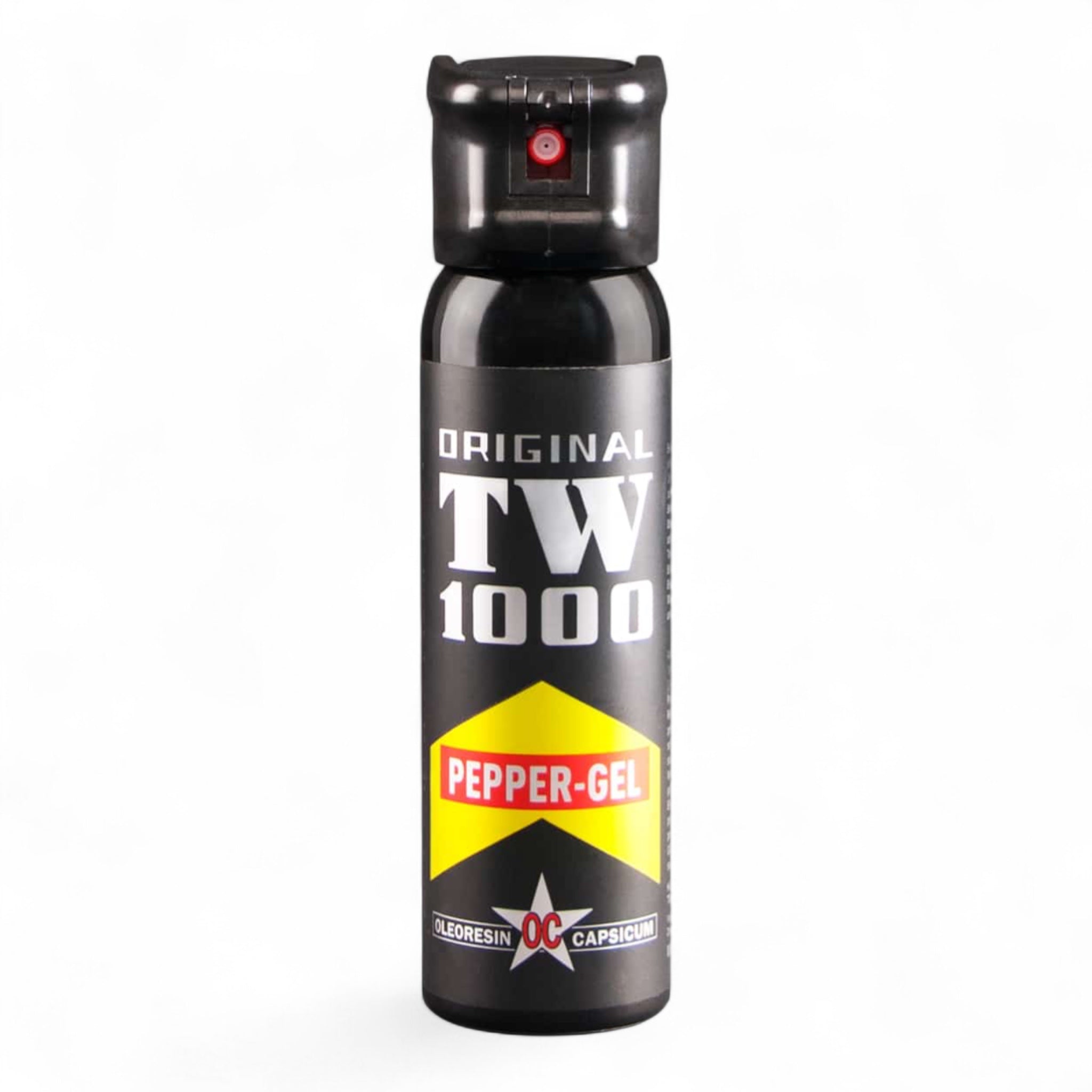 Schwarze TW1000 Pfeffer-Gel Spraydose mit weißem und gelbem Schriftzug, rotem Sprühknopf, 63 ml Inhalt, selbstverteidigung.