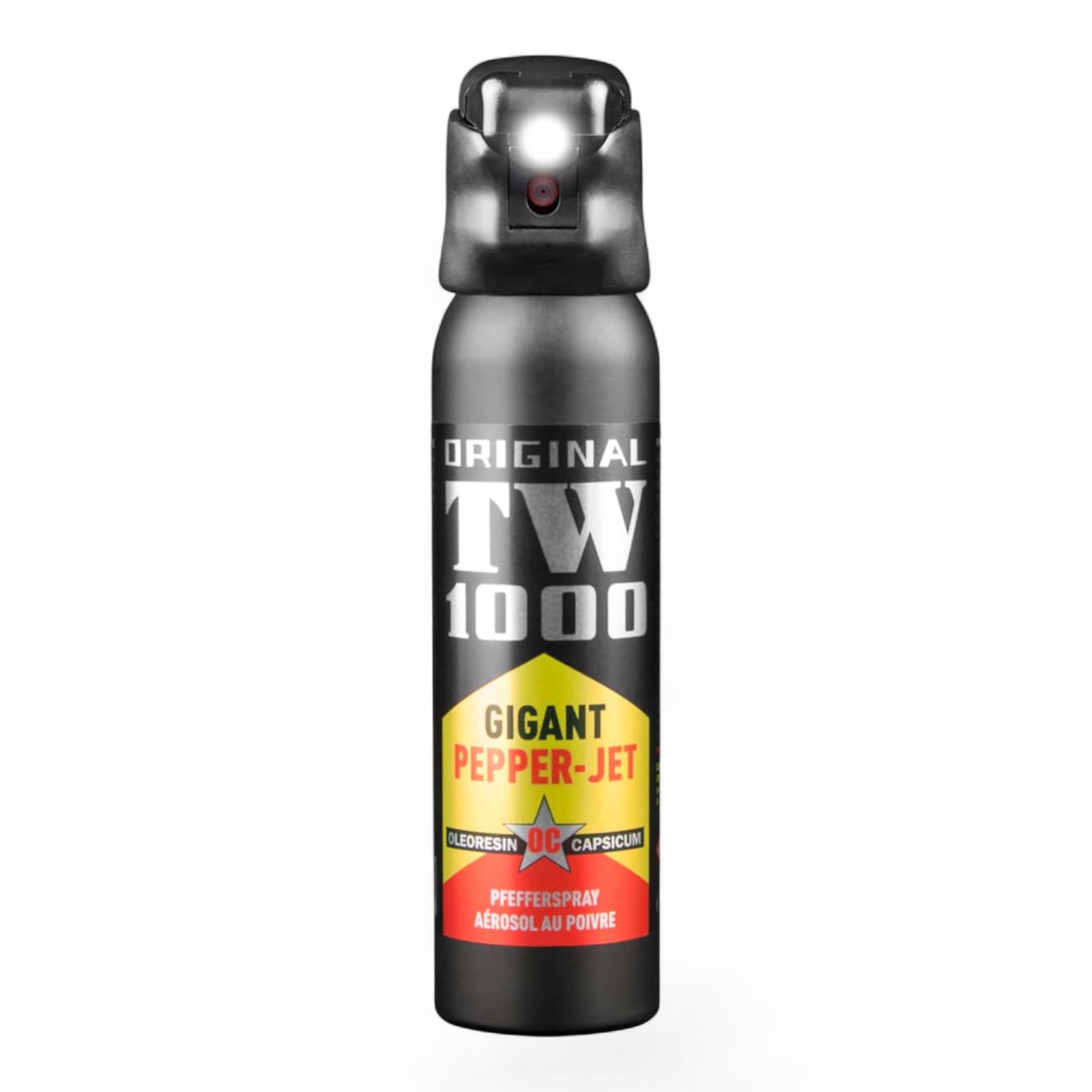Schwarze Spraydose TW1000 Pepper-Jet Gigant mit rotem LED-Licht, gelb-rotes Warnetikett, kompakte Form.