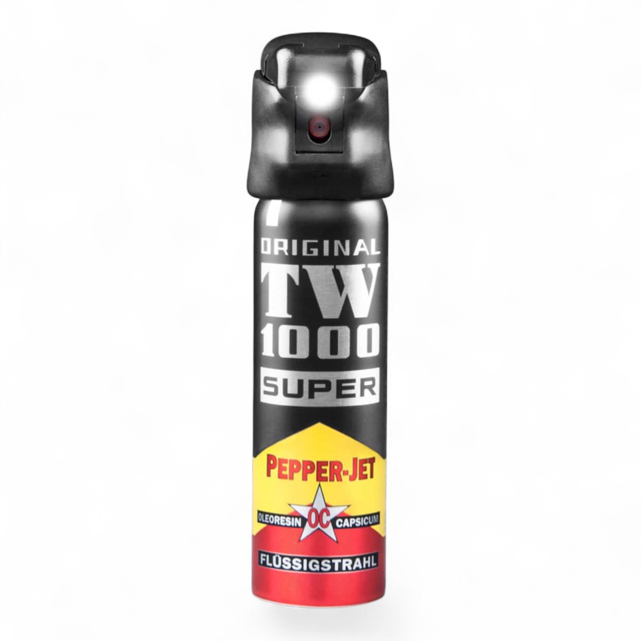 Schwarzes TW1000 Pepper-Jet Super Abwehrspray mit weißer und roter Beschriftung, integriertes LED-Licht oben am Sprühkopf.