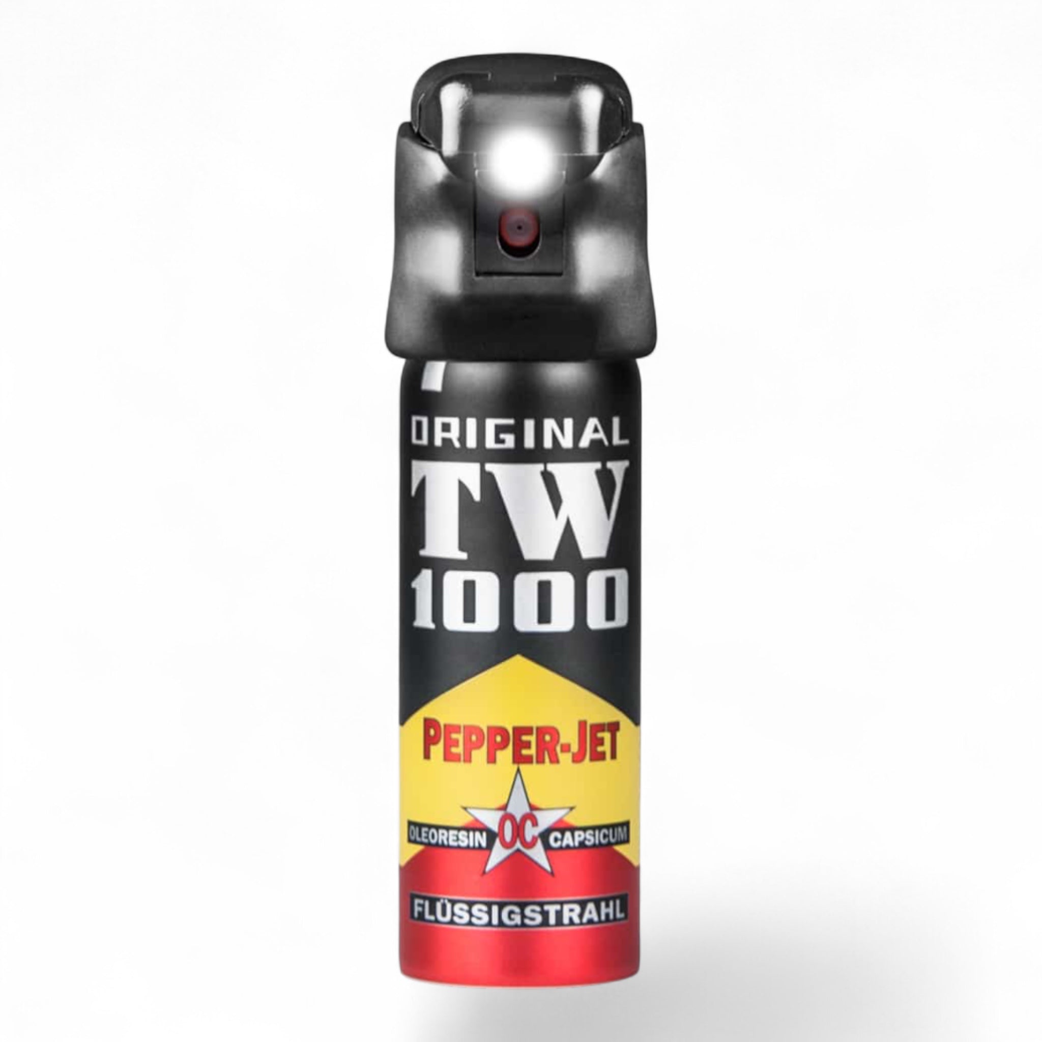 Kompakte schwarze Pfefferspray-Dose TW1000 mit weißer und roter Beschriftung, rotem LED-Licht und gelb-rotem Warnaufkleber.