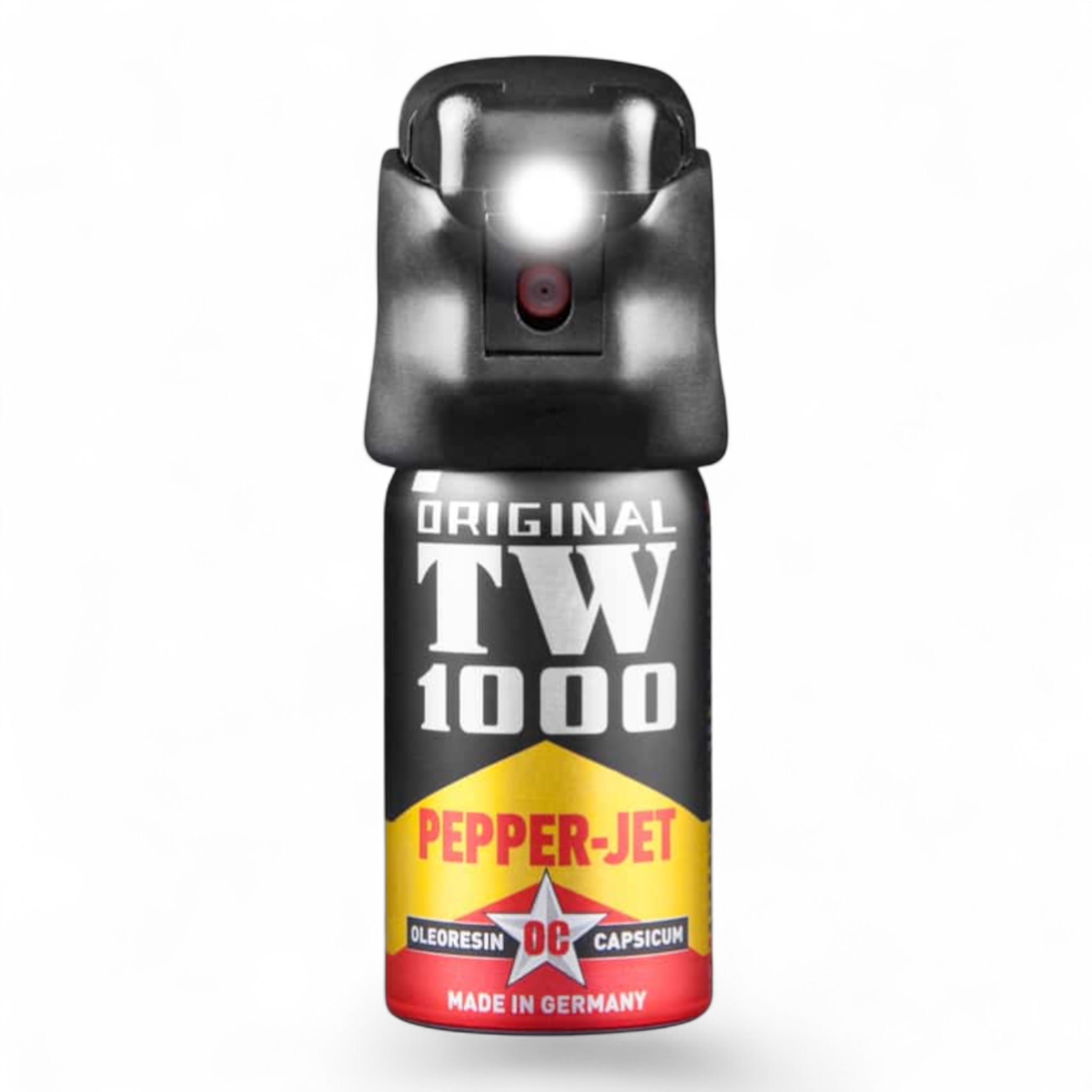 Schwarzes TW1000 Pepper-Jet Pfefferspray mit integriertem LED-Licht, ergonomische Form, roter Auslöser, weiße Schrift und.