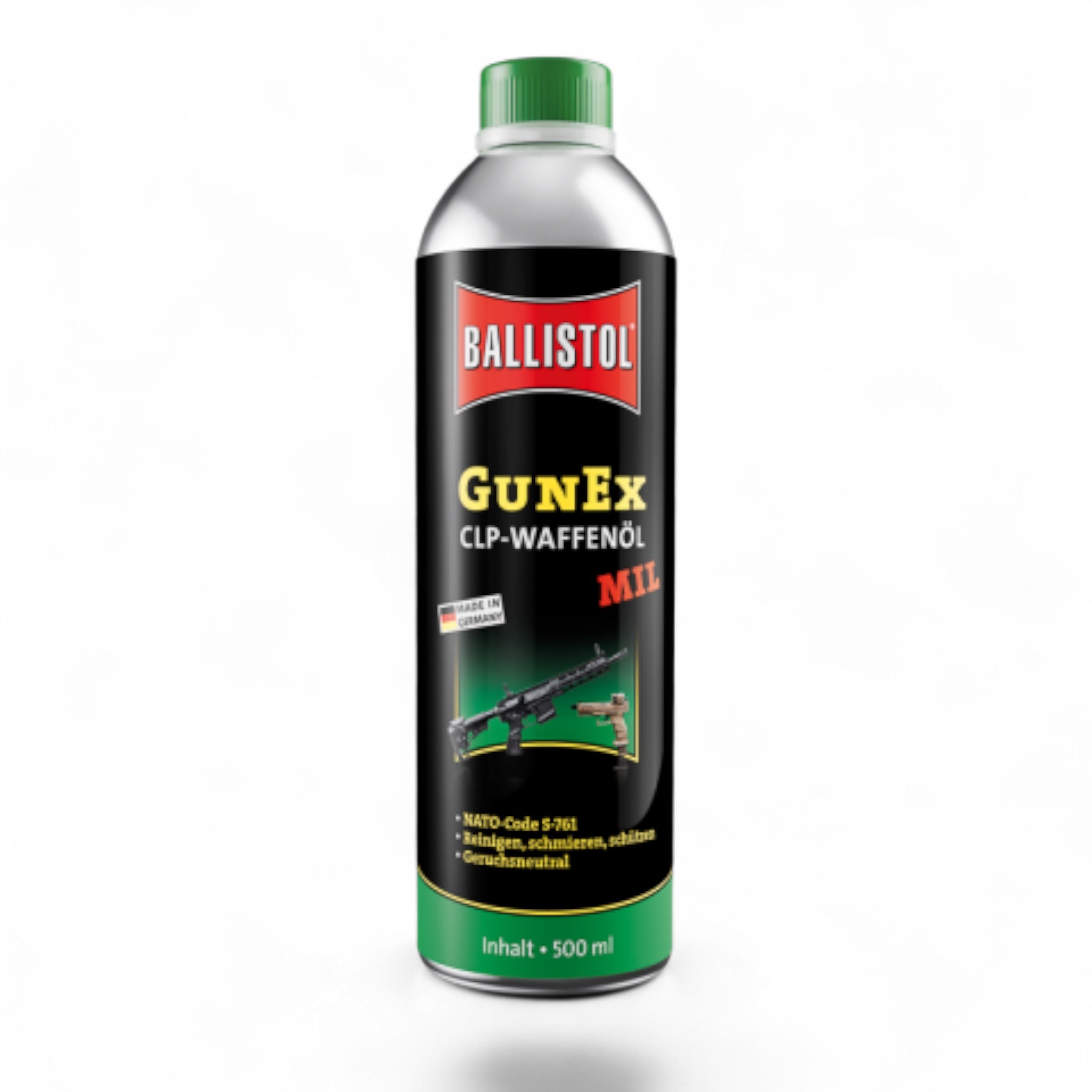 500-ml-Flasche Ballistol GunEx MIL CLP-Waffenöl mit grünem Schraubverschluss und schwarzem Etikett.
