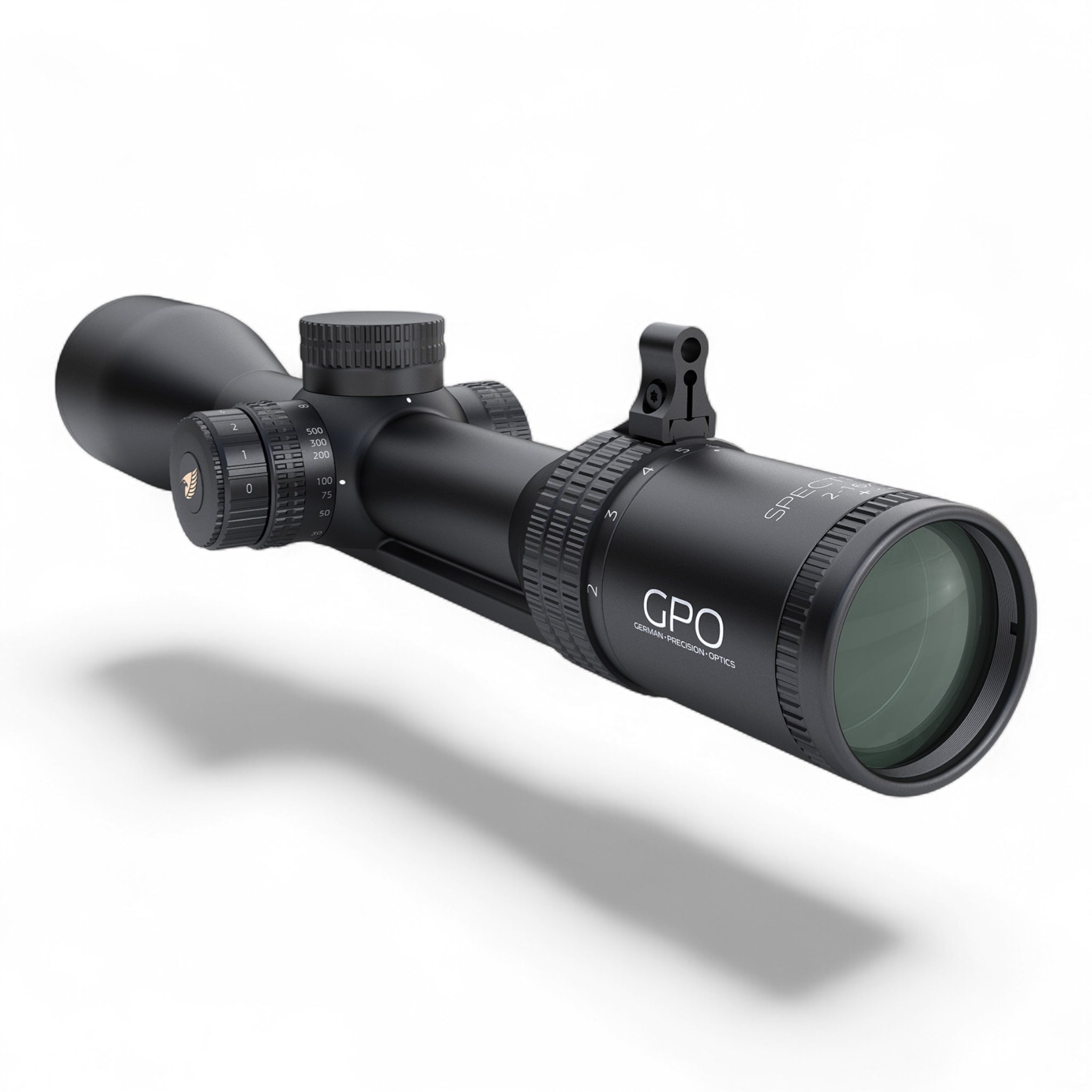 Schwarzes GPO Spectra Zielfernrohr mit 2-16x Vergrößerung, 50mm Objektiv, beleuchtetes Absehen und integrierter Schiene,.