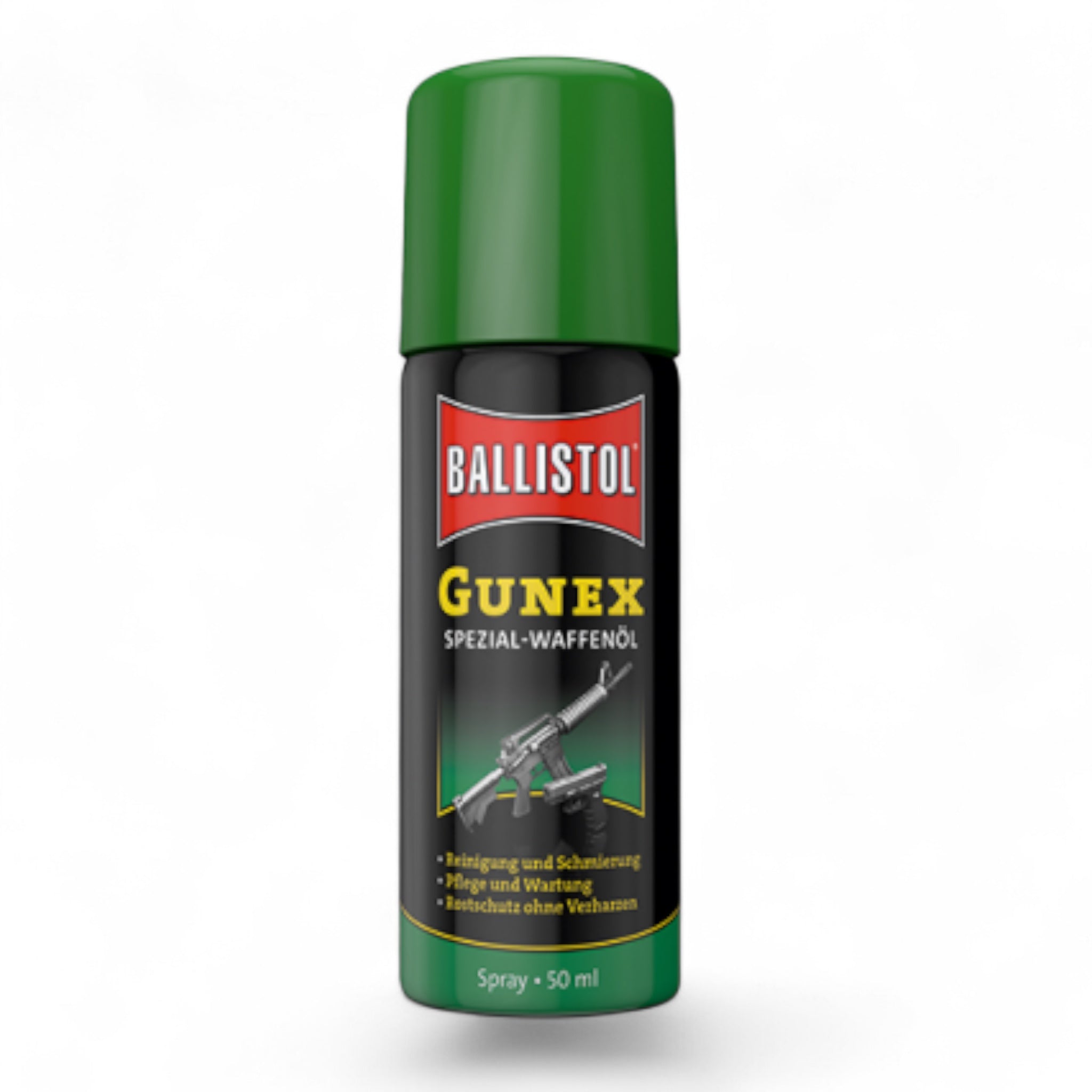 Ballistol Gunex Spezial-Waffenöl Spray 50 ml mit grünem Deckel und schwarzem Etikett, Bild einer gezeichneten Waffe auf der.