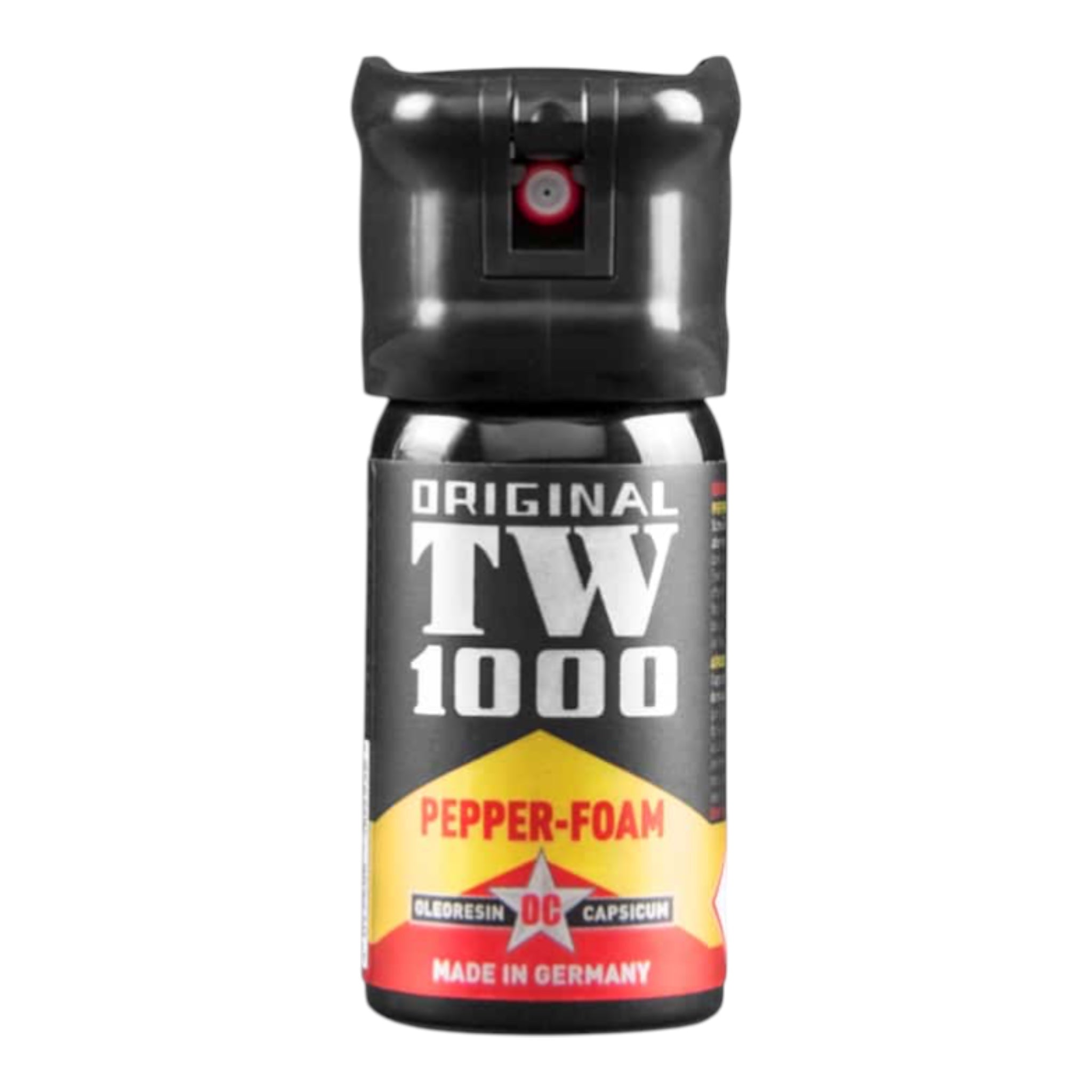 Kleiner schwarzer Pfefferschaum-Spray mit grauem Etikett, rotem Sprühkopf und gelb-rotem Aufdruck "PEPPER-FOAM".