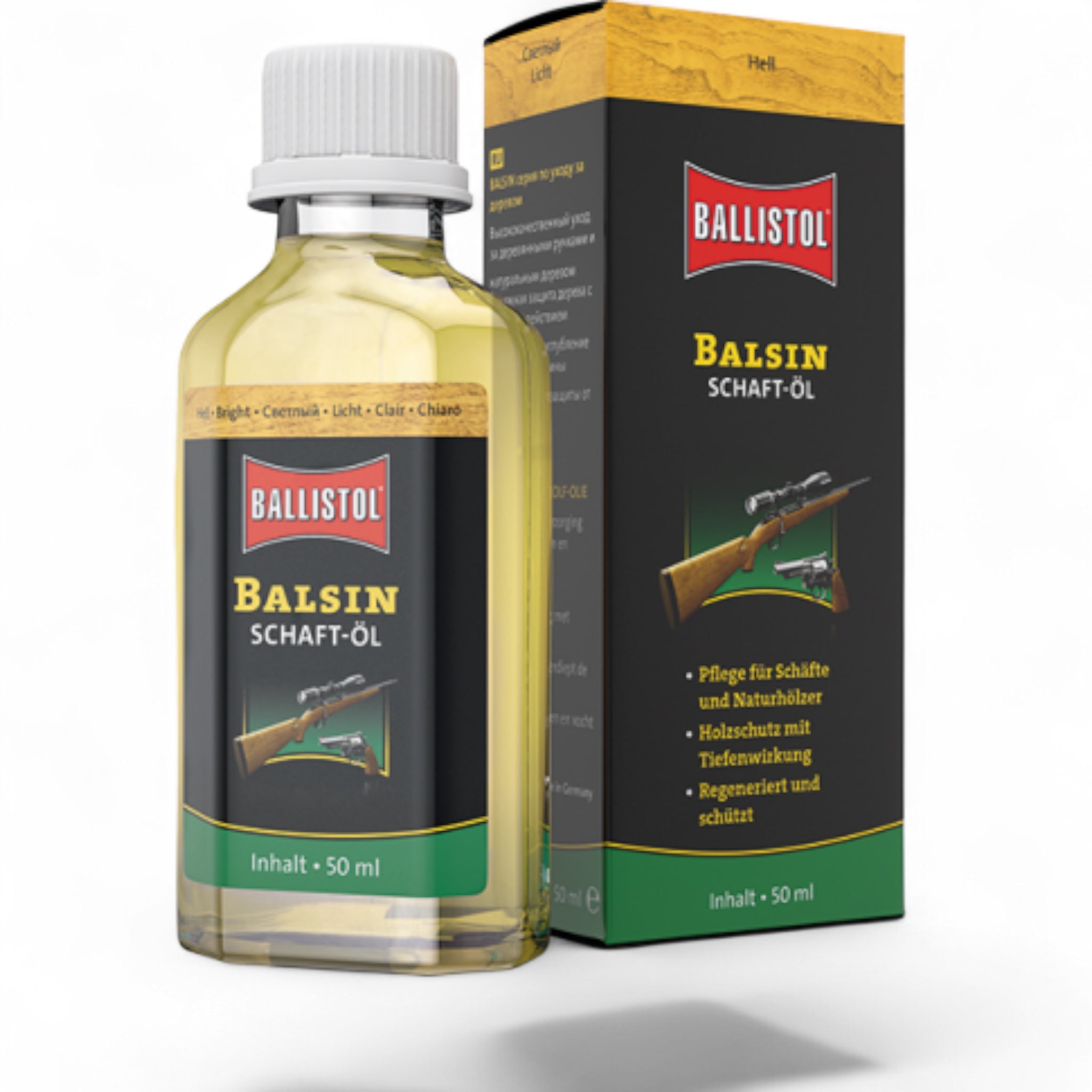 Kleine Flasche Ballistol Balsin Schaftöl in Hell mit weißem Schraubverschluss neben schwarzer Verpackung mit rotem Logo und.