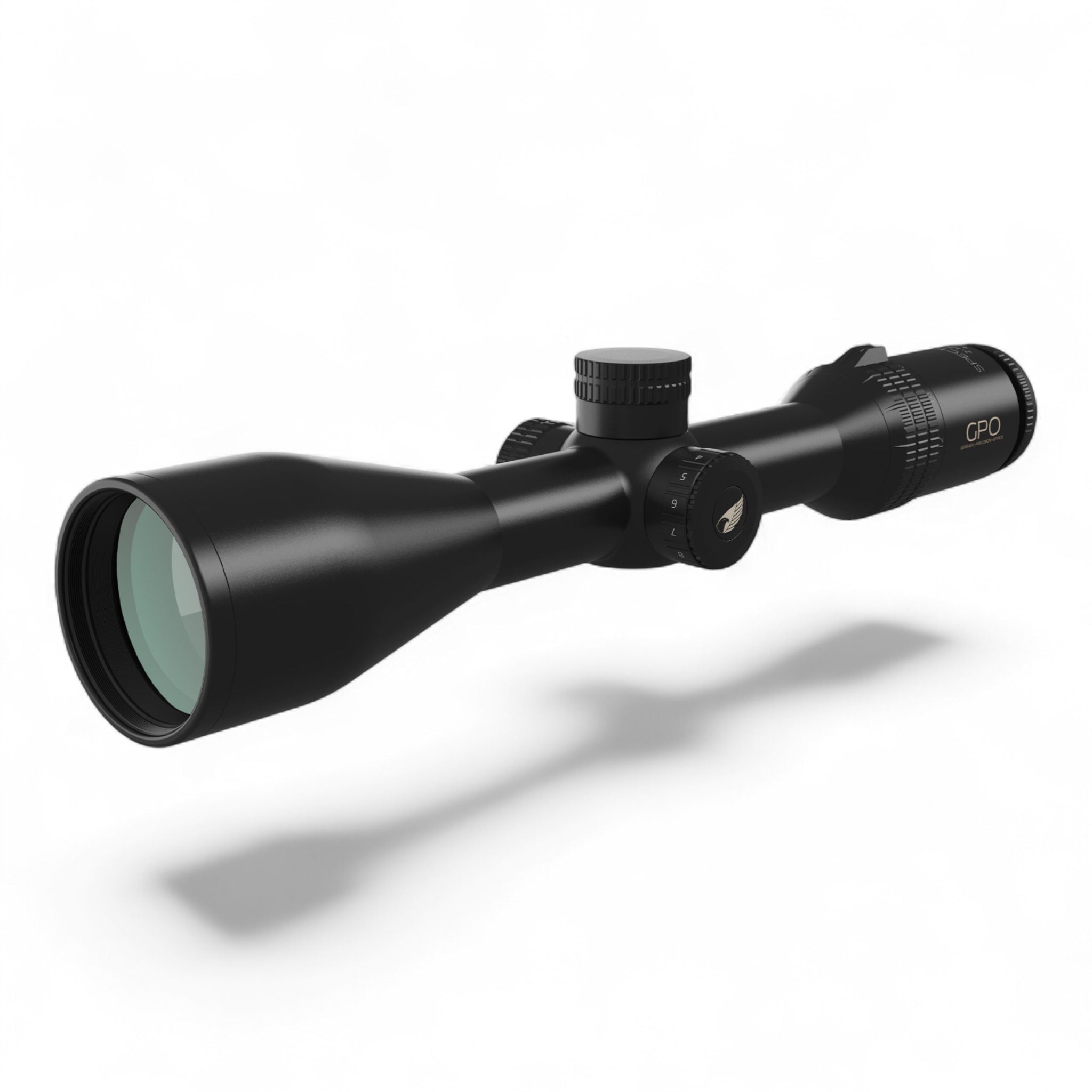 Schwarzes GPO Spectra Zielfernrohr mit 2-12x Vergrößerung und 50 mm Objektivdurchmesser, mattes Finish, beleuchtetes.