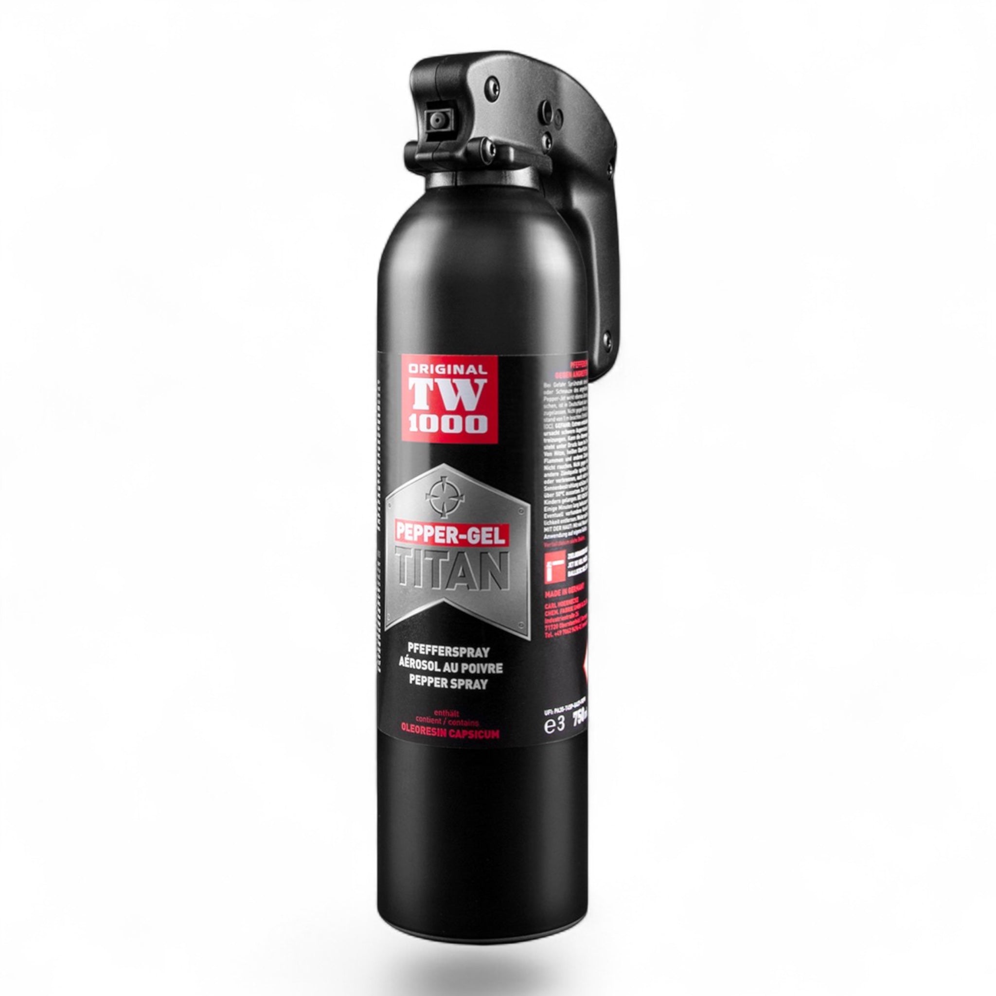 Schwarze Aluminium-Dose TW1000 Pepper-Gel Titan mit rotem und weißem Etikett, Sicherheitsverschluss und Sprühkopf oben.