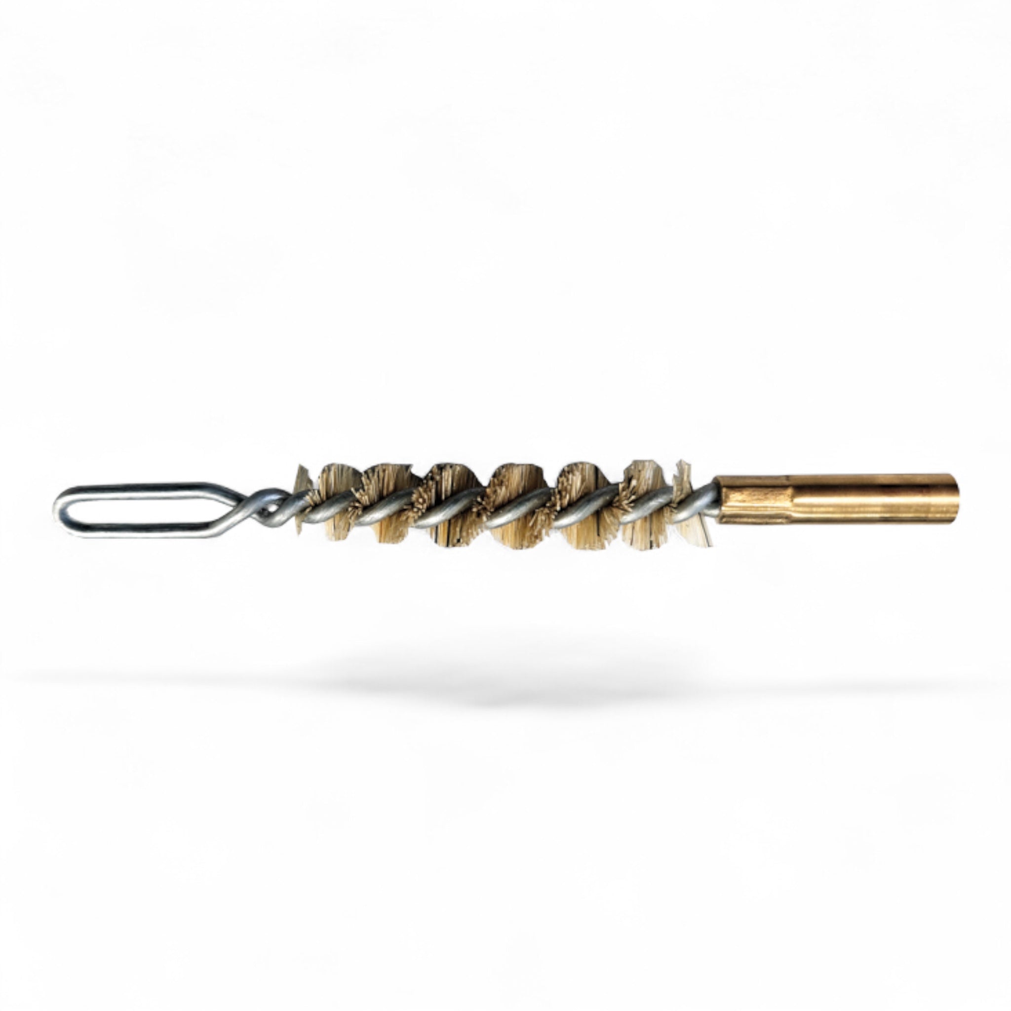 Kompakte Reinigungsbürste mit spiralförmigen Messingborsten, Metallgriff mit Schlaufe und Messinggewindeaufsatz.