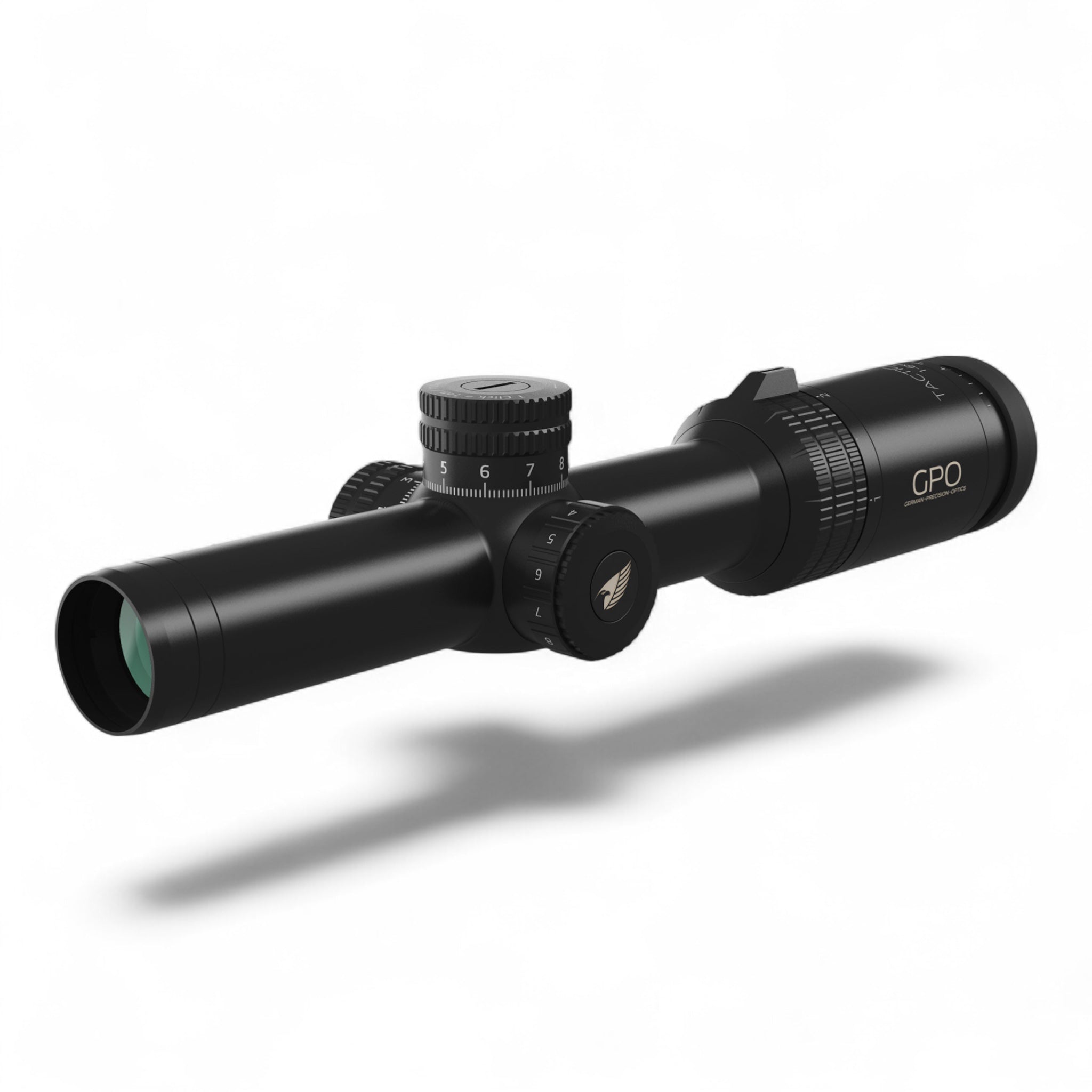 Schwarzes GPO Tac 1-6x24i HSi Zielfernrohr mit beleuchtetem Absehen, zoomfähiges Objektiv und Fokusregler auf mattem Gehäuse.