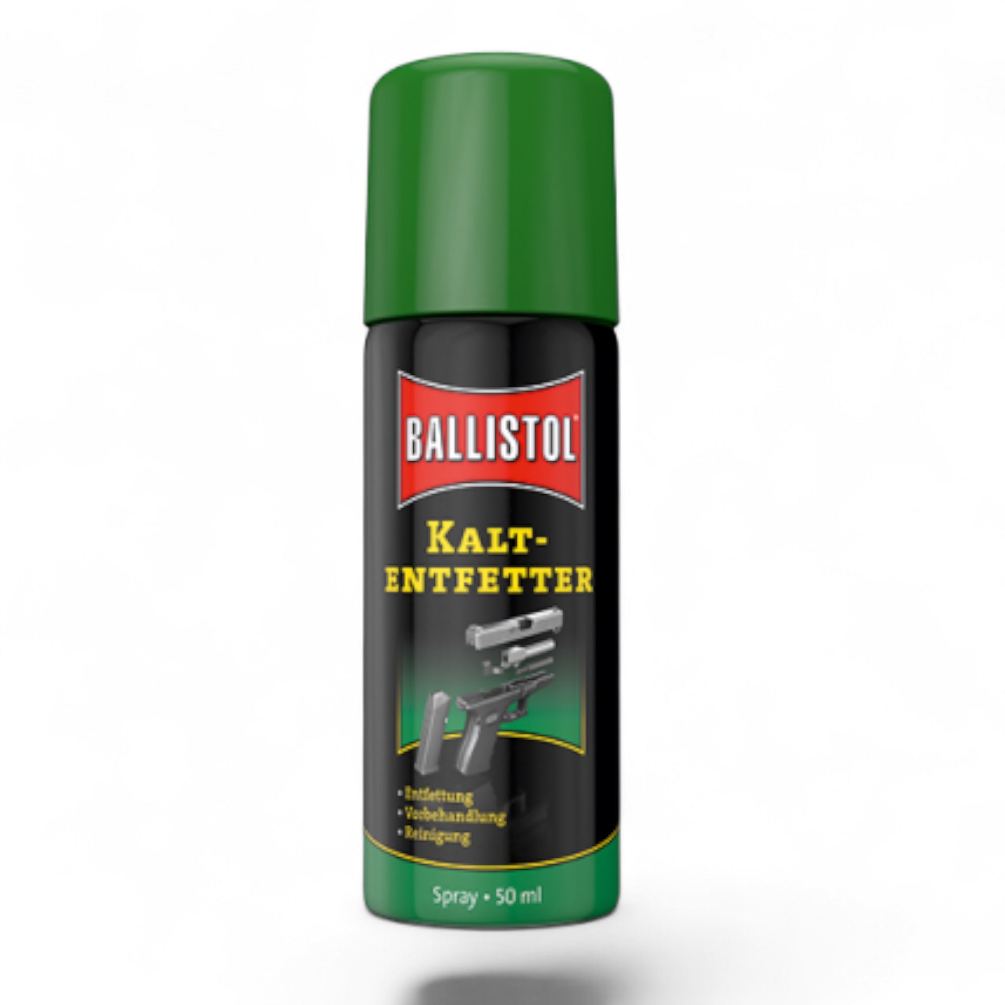 Ballistol Kaltentfetter Spray, 50 ml, schwarze Sprühflasche mit grünem Deckel und gelber Schrift, Bild von entölter Waffe.