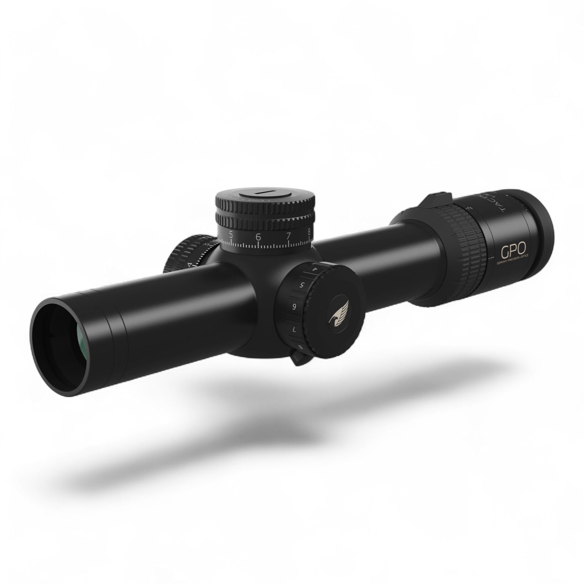 Schwarzes GPO Tac 1-8x24i HSi Zielfernrohr mit justierbaren Türmen und griffigem Okular, mattiertem Finish.