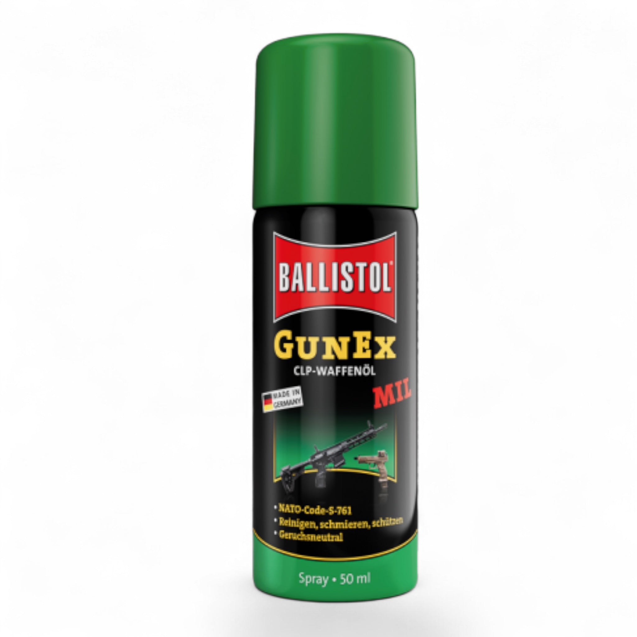 Ballistol GunEx MIL CLP-Waffenöl Spray 50 ml mit grünem Deckel, schwarzem Etikett und rotem Schriftzug.