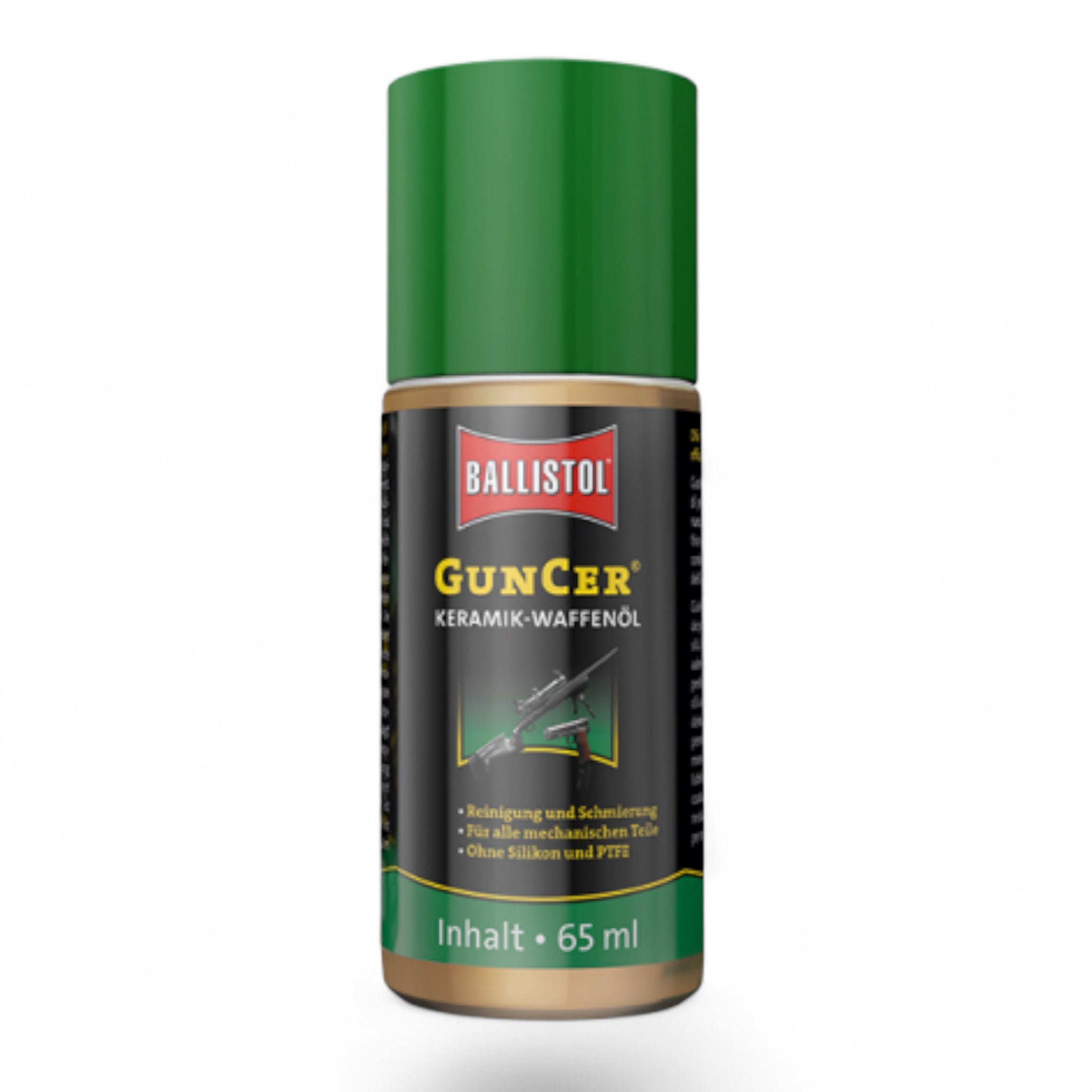 Ballistol GunCer Keramik-Waffenöl 65 ml Flasche mit grünem Deckel und schwarzem Etikett in Gold, Rot und Weiß.