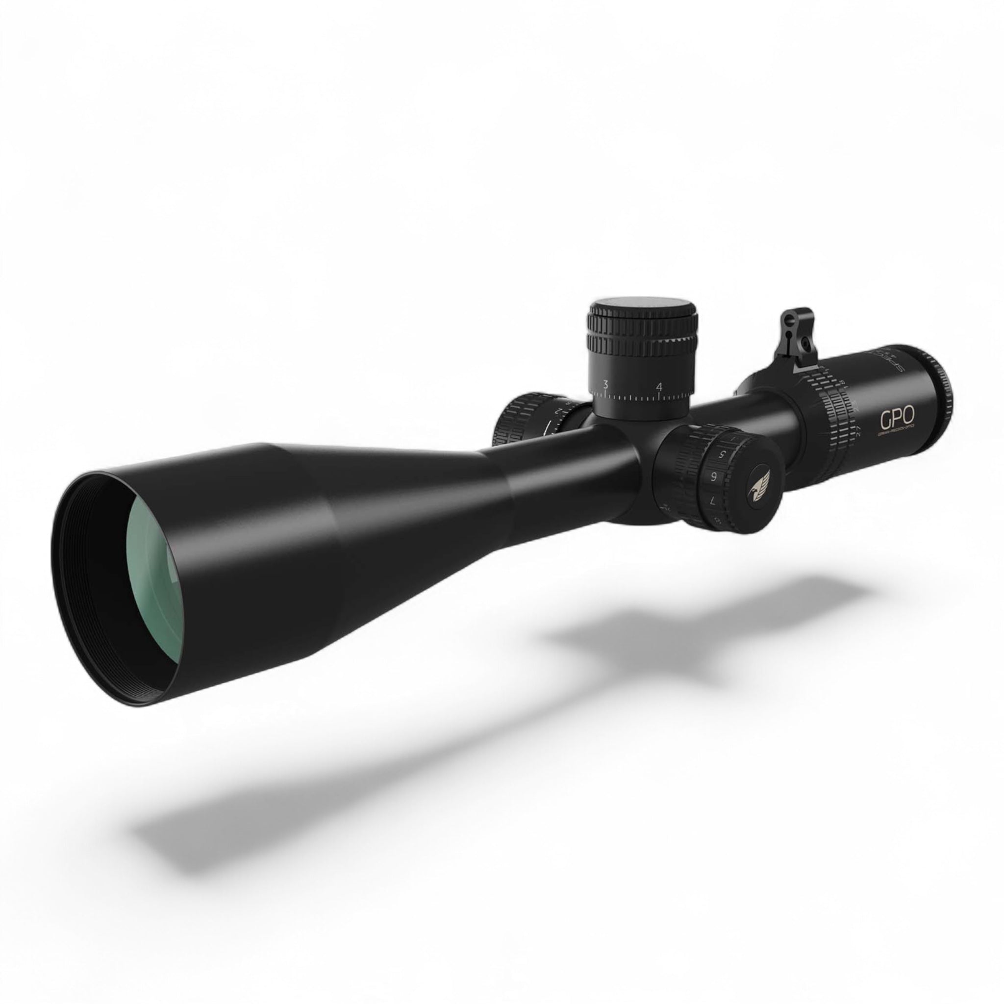 Schwarzes GPO Spectra 6x 4,5-27x50 LR Pro FFP Zielfernrohr mit großem Objektiv, beleuchteten Einstelltürmen und feinem.